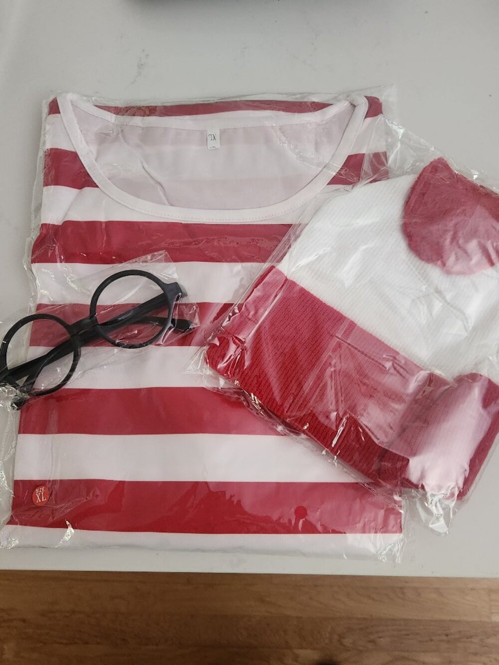 Where's Waldo Halloween Costume Sz XL Red & White Striped Shirt Cap Glasses NWT